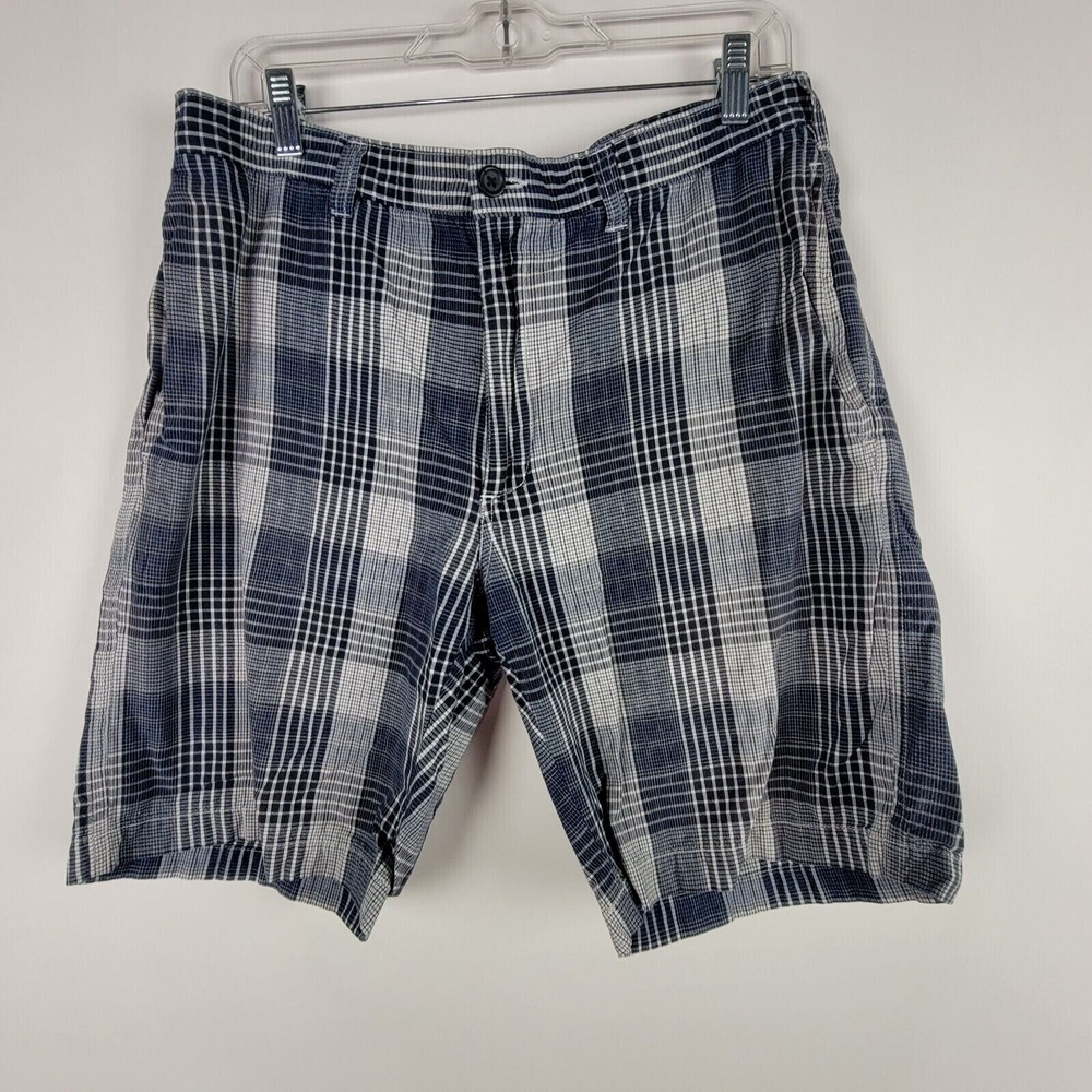 Perry Ellis America Shorts Mens Size 34 Gray Blue Plaid Chino Golf Golfer Casual